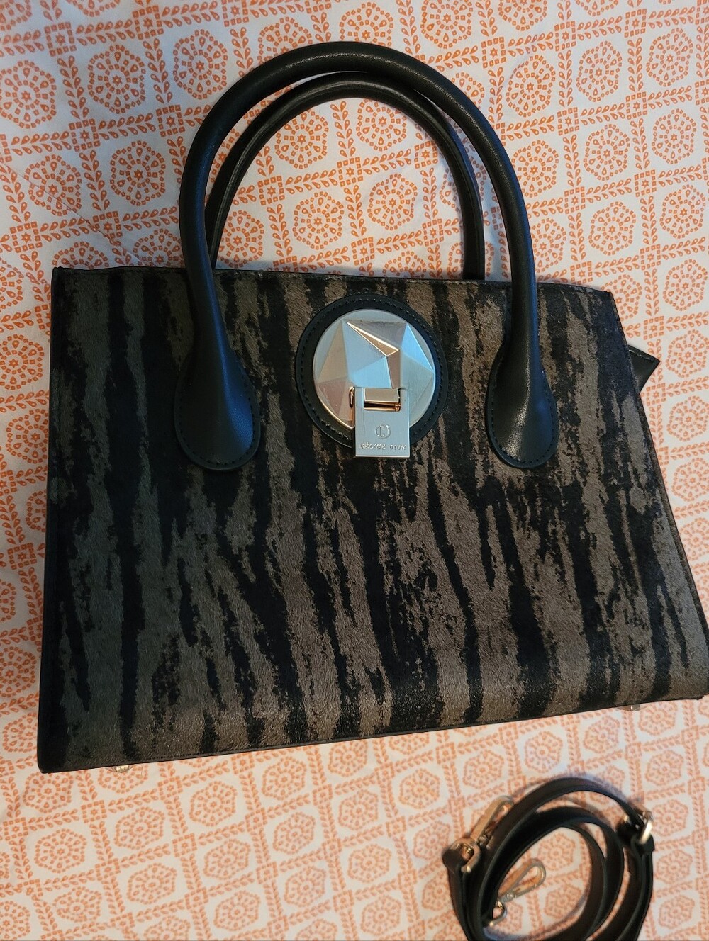 Celine Dion Black / Dark Olive Green Calf Hair Leather Satchel